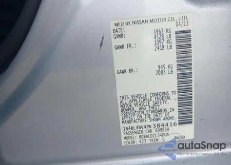 2023 Nissan Altima S Fwd z USA, uszkodzony, nr VIN 1N4BL4BV4PN384416